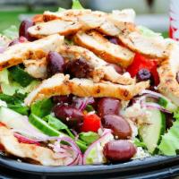 Chicken Greek Salad · Chopped heart of romaine lettuce with tomatoes, onions, cucumbers, kalamata olives, feta che...