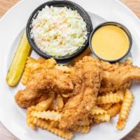 Chicken Tender Platter · Three hand-breaded chicken tenders served with fries, coleslaw and your choice of sauce (BBQ...