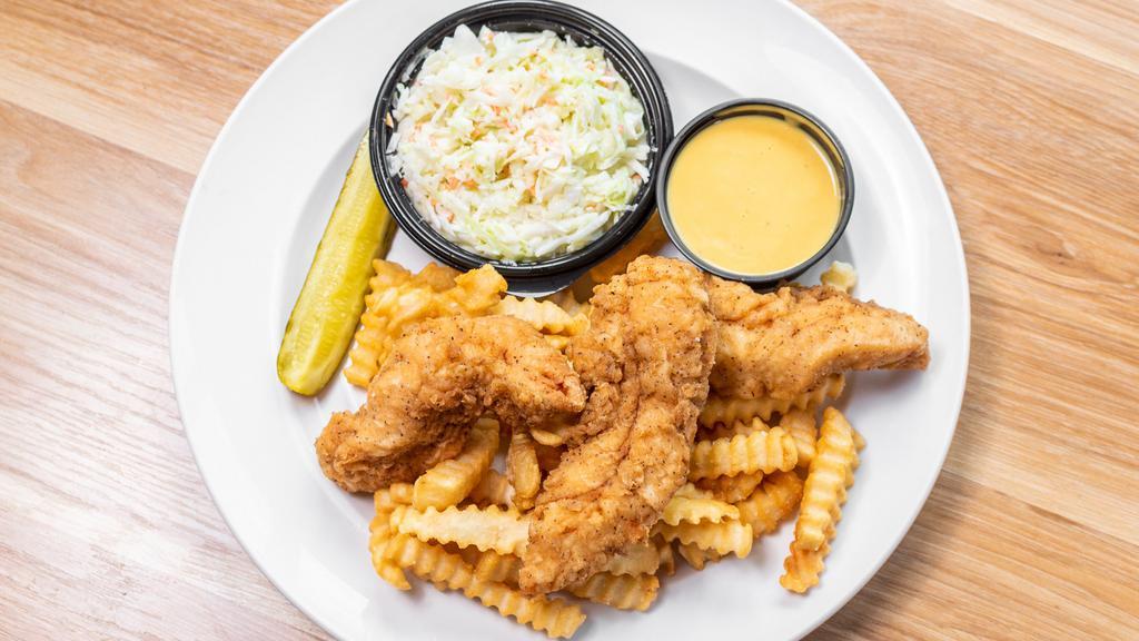 Chicken Tender Platter · Three hand-breaded chicken tenders served with fries, coleslaw and your choice of sauce (BBQ, honey mustard, ranch, blue cheese).