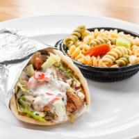 Chicken Gyro · All-natural chicken grilled with Greek seasonings, on a pita with lettuce, tomato, onion, fe...