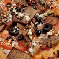 Greek Pizza · Gyro meat, feta cheese, black olives, sliced tomatoes, oregano, olive oil.