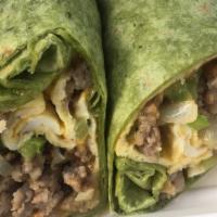 Sausage Wrap · Grilled sausage, scrambled eggs, cheddar, mushrooms, and onions in a spinach wrap.
