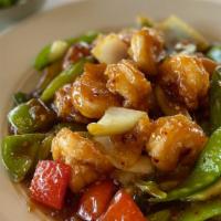 Dah Chine Shrimp · Hot or Mild. Shrimps lightly breaded and stir-fried with snow peas, green pepper, onions, ce...