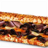 Black Angus Steakhouse Sandwich · With mozzarella, Cheddar, sautéed mushrooms, onions, and zesty grille sauce on rosemary Parm...