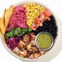 Bueno Bowl · brown rice, warm black beans, pickled onions, cabbage slaw, pico de gallo, herb roasted chic...