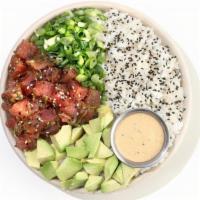 Ahi Poke Bowl · marinated ahi tuna, diced avocado, yum yum sauce, sticky rice, scallions, sesame seeds