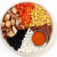 Protein Bowl · roasted chicken, bacon, roasted red peppers, corn, black beans, goat cheese, honey sriracha ...
