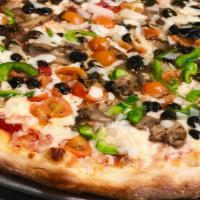 Vegetable Pizza · Onions, green peppers, mushrooms, black olives and fresh tomatoes. Fresh garlic is optional.