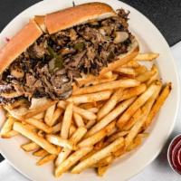 Steak Philly · A classic with shaved sirloin steak, grilled green peppers, onions, mushrooms, and melted Pr...