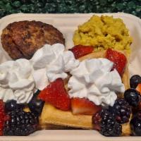 Waffle Plate · Gluten Free Vegan Waffle topped with vegan coconut whipped cream, berries and agave then ser...
