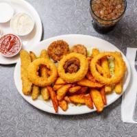 Sample Platter · Three each of our fried pickle spears, onion rings, cheese sticks, herb fried mushrooms and ...