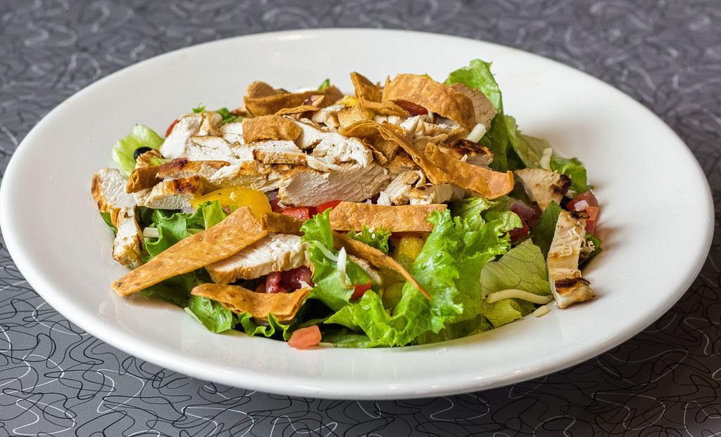 Santa Fe Salad · A seasoned, grilled and sliced chicken breast on mixed greens with black beans, hot Pepper Jack cheese, tomato, purple onions, peppers, BBQ vinaigrette and tortilla strips.