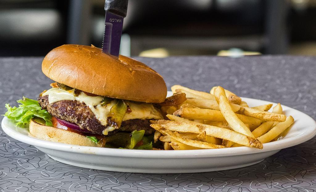 Steak Knife Firehouse Burger · Spicy! Topped with two slices of jalapeno jack cheese, sauteed bell peppers, jalapenos and chipotle mayo. Served with a side of habanero hot sauce.