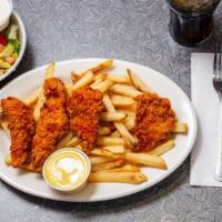 Chicken Finger Platter · Large tenders served with honey mustard dipping sauce, fries and a side salad.