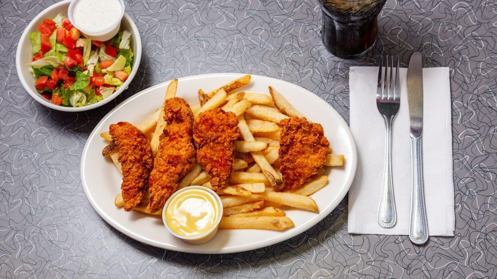 Chicken Finger Platter · Large tenders served with honey mustard dipping sauce, fries and a side salad.