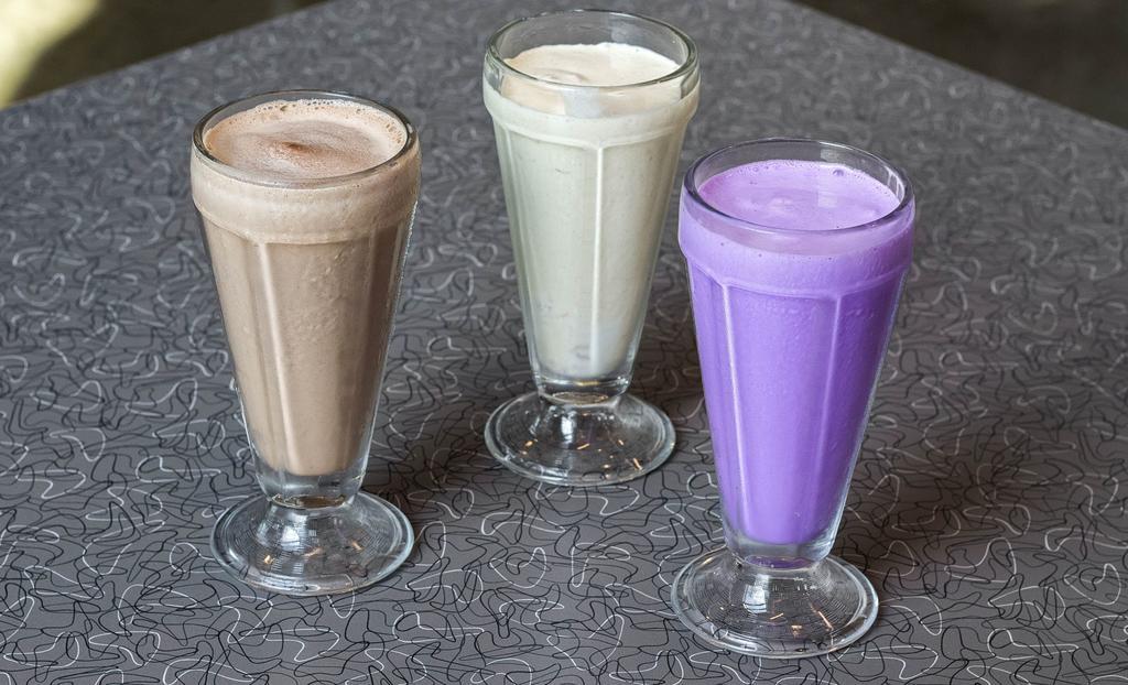 Shakes · Choose from the following flavors: Purple Vanilla, Vanilla, Chocolate, Double Chocolate, Coffee, Strawberry, Mint Chocolate Chip, Choc/Peanut Butter, Cherry, Pineapple, Dreamsicle, Caramel Peanut Butter, PB & Jelly, Hot Fudge, Butterscotch and Non-dairy Vanilla (Silk soy milk available for an additional cost)