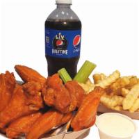 10 Wing Combo · 10 Classic (Bone-In) Hot Wings )Mix of Flats and Drums), Deep-Fried to Perfection then dippe...