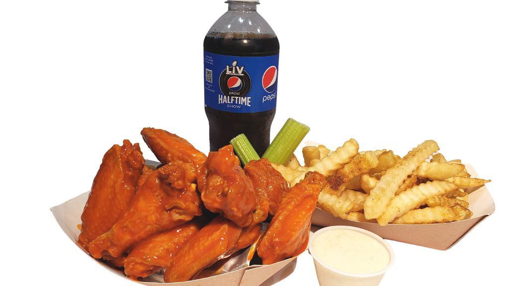 8 Wing Combo · 8 Classic (Bone-In) Hot Wings )Mix of Flats and Drums), Deep-Fried to Perfection then dipped in your favorite sauce! Comes with 20 oz Drink, Seasoned Fries or Celery and 1 dipping sauce.
