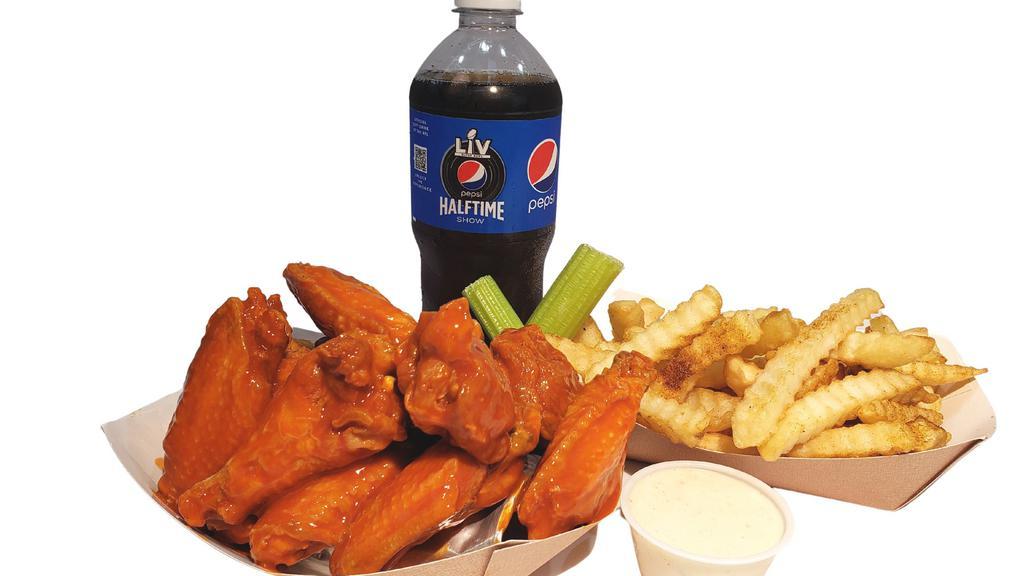 6 Wing Combo · 6 Classic (Bone-In) Hot Wings )Mix of Flats and Drums), Deep-Fried to Perfection then dipped in your favorite sauce! Comes with 20 oz Drink, Seasoned Fries or Celery and 1 dipping sauce.