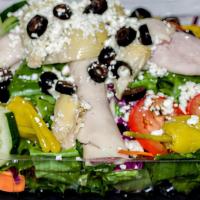 Antipasto Salad · Bed of lettuce topped with pepperoni, salami, provolone cheese, artichokes, roasted red pepp...
