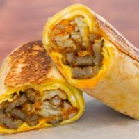 Sausage, Egg, And Cheddar Burrito  · 3 fresh cracked cage-free scrambled eggs, melted Cheddar cheese, Italian link sausage, crisp...