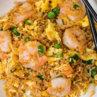 Shrimp Fried Rice (Qt) · Wok tossed fried rice with  shrimp, egg, bean sprouts, yellow onions, peas& carrots, green o...