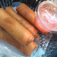 Spring Rolls (4 Pc) · Deep-fried rolls filled with ground Chicken, noodles, carrots, celery, and cabbage.