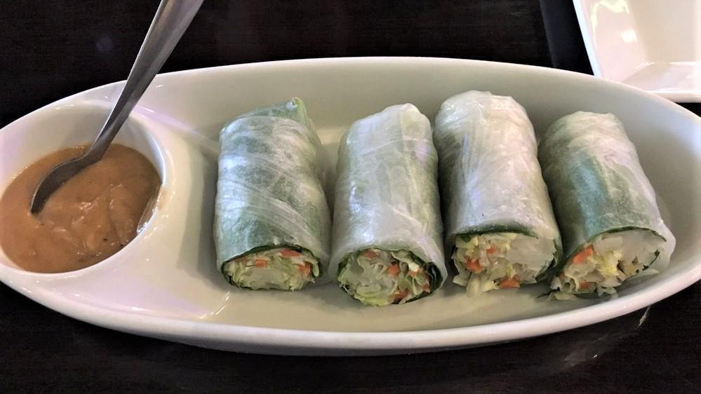 Fresh Rolls · Lettuce, carrots, spinach, rice noodle, basil wrapped in a soft rice paper served with peanut sauce. Add Shrimp for an additional charge.
