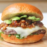 The Californian Burger · Beef patty with crisp bacon, lettuce, tomato, onion, pickles, mayo, avocado, and melted ched...