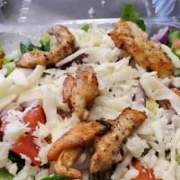 Grilled Chicken Salad · Romaine, Roma Tomatoes, Cucumbers, Red Onions, Mozzarella Cheese and Grilled Chicken. Served...