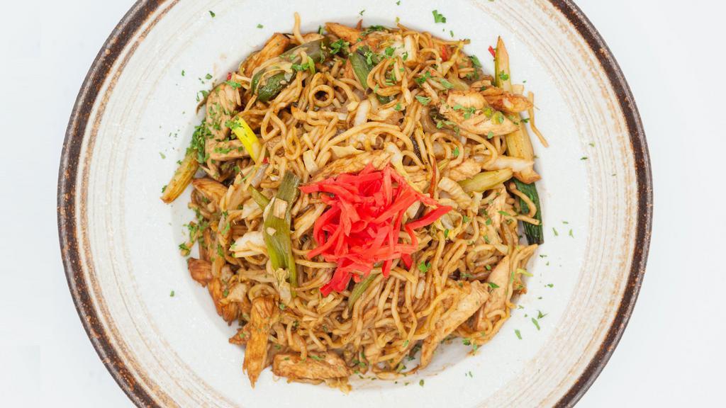 Chicken Yaki-Soba · Your choice of noodles with shredded chicken, carrots, cabbage, onion, ginger & mushroos tossed in a skillet with our zesty sauce.