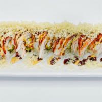 Shaggy Dog Roll · Shrimp tempura, avocado topped with crab meat, eel sauce, spicy mayo, and crunch.