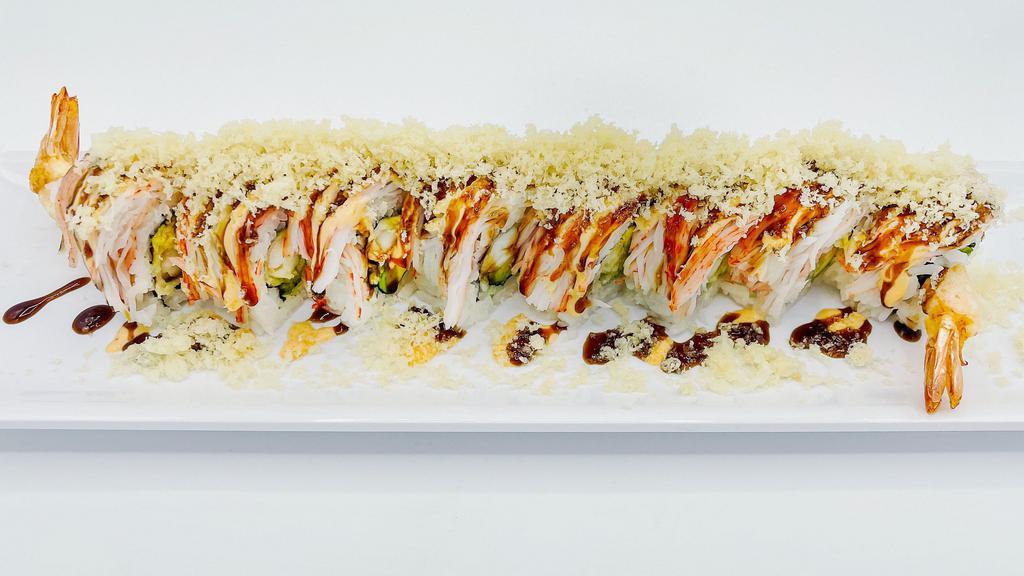 Shaggy Dog Roll · Shrimp tempura, avocado topped with crab meat, eel sauce, spicy mayo, and crunch.