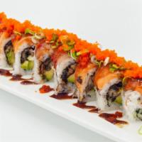 Out Of Control Roll · Eel, cream cheese, avocado topped with tuna, salmon, yellowtail, eel sauce, masago, and scal...