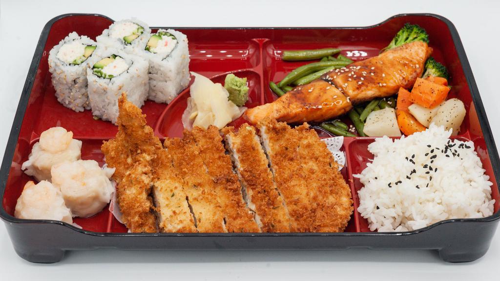 Dinner Bento D: Salmon Teriyaki & Chicken Katsu · Served with white or brown rice, 
steamed shrimp shumai & a California roll.