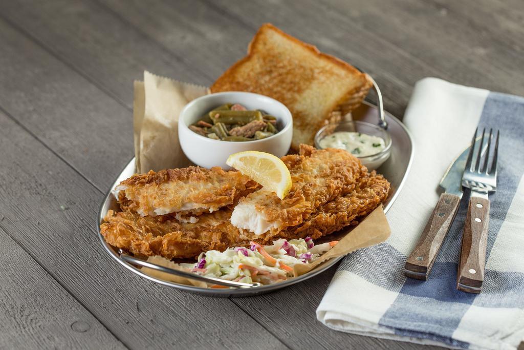 Fried “Lemon Pepper” Fish Dinner · Served with your choice of 2 sides and country toast.