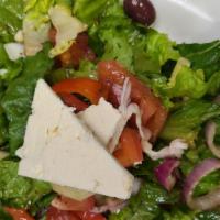 Greek Salad · Mixed greens, tomatoes, onion, olives, peppers, feta cheese, and balsamic vinaigrette dressi...