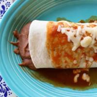 Burrito Bean · A classic Mexican burrito filled with homemade refried beans topped with burrito sauce and m...