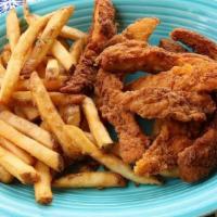 Chicken Tenders · Crispy breaded chicken tenders with your choice of regular french fries or smiley face fries.