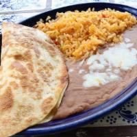 Quesadilla, Rice, And Beans · Kids' cheese quesadilla served with fresh rice and homemade refried beans.