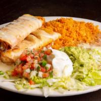 Chimichanga · Deep-fried flour tortilla filled with beef chunks or shredded chicken, covered with cheese d...