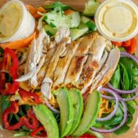 Chicken Salad · Shredded chicken, red onions, romaine lettuce, and kale, tomato, carrots, red pepper, avocad...