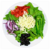 House Salad · Fresh green lettuce mix, tomatoes, black olives, red onions, bell peppers, and cheese served...