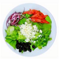 Greek Salad · Crumbled feta, black olives, sliced cucumber, tomatoes, red onions, and green peppers tossed...
