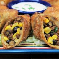 South Western Eggroll · Southwestern  eggroll Includes corn,beef,black,beans,spinach,cheese served with a side of fr...