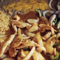 Chicken Carnitas · Chunks of tender chicken breast strips with bell peppers and onions sauteed in a delicious s...