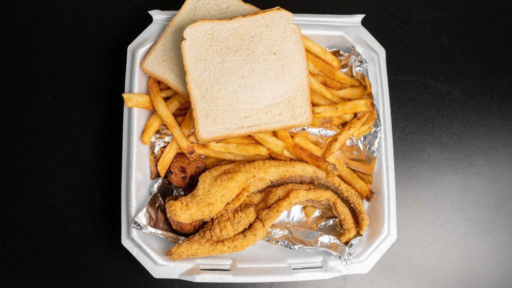 Fish Dinners · Served with fries, coleslaw and hush puppies.
