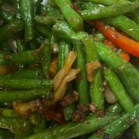 Dry Sautéed String Bean · Hot & spicy. Sauteed with red peppers and chinese pickles.