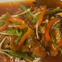 Sweet & Sour Vegan Fish · Lettuce, red and green pepper, enoki mushroom, and wood ear.