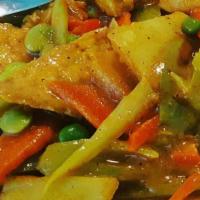 Curry Stew · Vegan chicken, potatoes, carrots, celery, lima bean, and tofu.